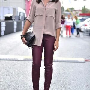 ZARA High Rise coated slim fit ankle pants in Burgundy Blogger favorite Size 2